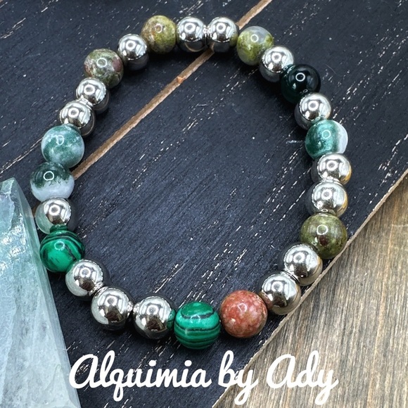 Alquimia Silver and Green Marbled Beaded Bracelet malachite unakite moss agate - Picture 1 of 1